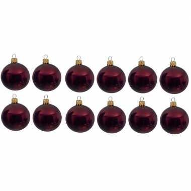 12x glazen kerstballen glans donkerrood 10 cm kerstboom versiering/decoratie