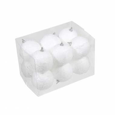 12x kleine kunststof kerstballen met sneeuw effect wit 7 cm