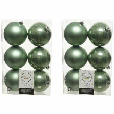 12x kunststof kerstballen glanzend/mat salie groen 8 cm kerstboom versiering/decoratie