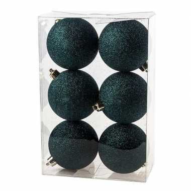 12x kunststof kerstballen glitter petrol blauw 8 cm kerstboom versiering/decoratie
