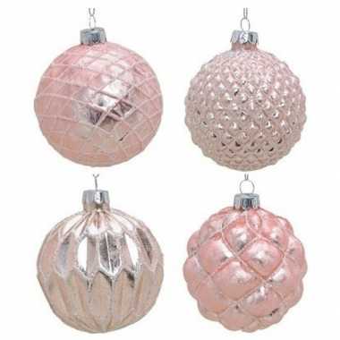 12x roze glazen kerstballen met gouden design 6 cm