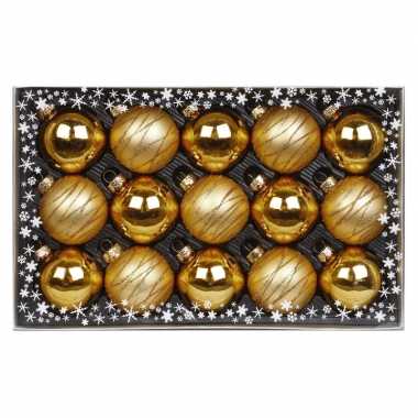 15x gouden luxe glazen kerstballen met decoratie 6 cm