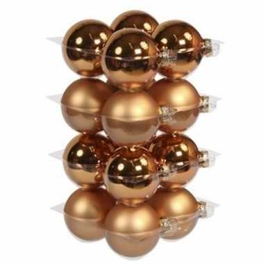 16x glazen kerstballen mat en glans koper 8 cm
