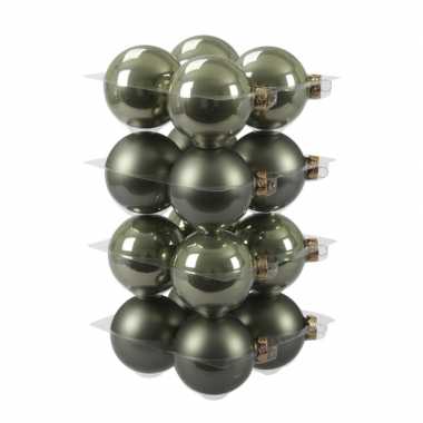 16x glazen kerstballen mat/glans graniet groen 8 cm