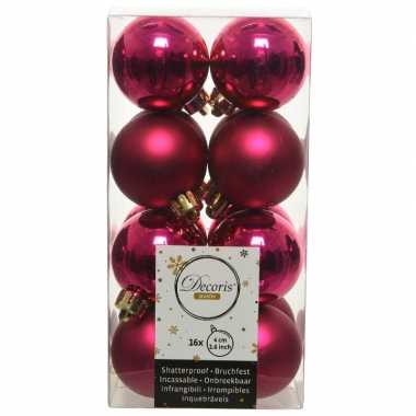 16x kunststof kerstballen glanzend/mat bessen roze 4 cm kerstboom versiering/decoratie