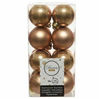 16x kunststof kerstballen glanzend/mat camel bruin 4 cm kerstboom versiering/decoratie