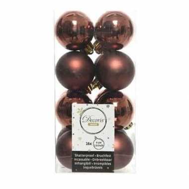 16x kunststof kerstballen glanzend/mat mahonie bruin 4 cm kerstboom versiering/decoratie