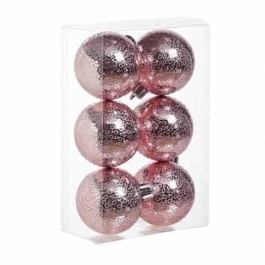 18x kunststof kerstballen cirkel motief roze 6 cm kerstboom versiering/decoratie