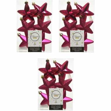 18x kunststof sterren kerstballen glans/mat/glitter bessen roze 7 cm kerstboom versiering/decoratie