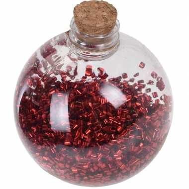 1x kerstballen transparant/rood 8 cm met rode glitters kunststof kerstboom versiering/decoratie