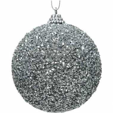 1x kerstballen zilveren glitters 8 cm met kralen kunststof kerstboom