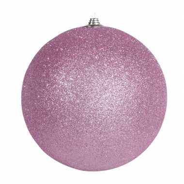 1x roze grote kerstballen met glitter kunststof 13,5 cm