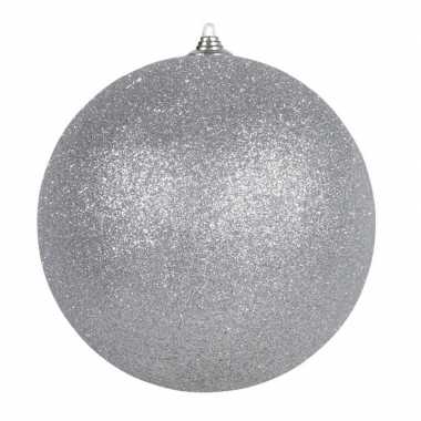 1x zilveren grote kerstballen met glitter kunststof 13,5 cm