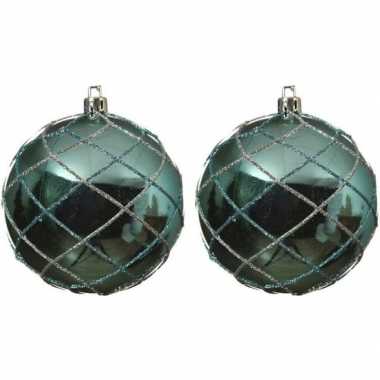 2x kerstballen turquoise blauw 8 cm met zilveren glitters kunststof kerstboom versiering/decoratie