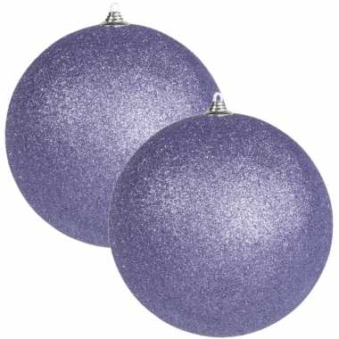 2x paarse grote kerstballen met glitter kunststof 13,5 cm