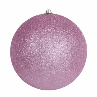 2x roze grote decoratie kerstballen met glitter kunststof 25 cm