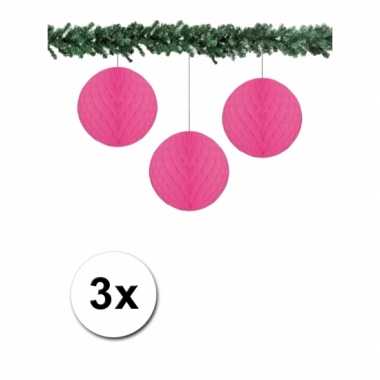 3 fuchsia roze papieren kerstballen 10 cm