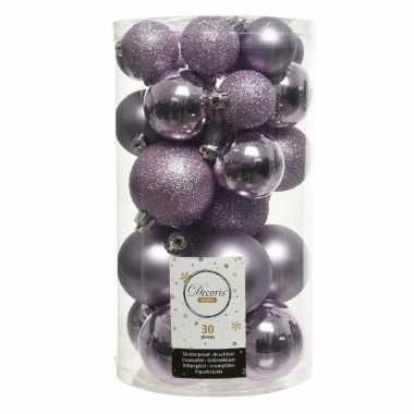 30x kunststof kerstballen glanzend/mat/glitter lila paars kerstboom versiering/decoratie