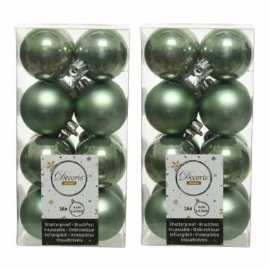 32x kunststof kerstballen glanzend/mat salie groen 4 cm kerstboom versiering/decoratie