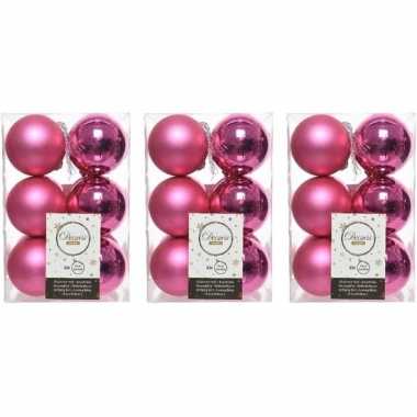 36x kunststof kerstballen glanzend/mat fuchsia roze 6 cm kerstboom versiering/decoratie