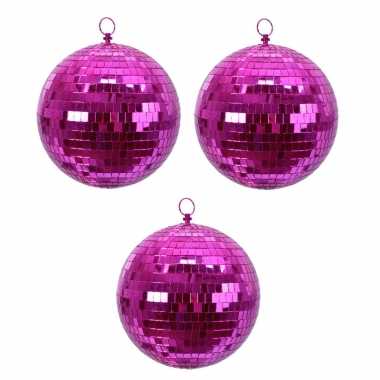 3x fuchsia roze spiegelballen disco kerstballen 8 cm
