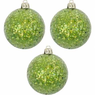 3x groene kerstballen met glitters 8 cm