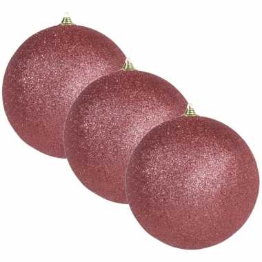 3x grote koraal rode kerstballen met glitter kunststof 18 cm