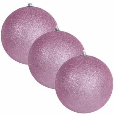 3x roze grote kerstballen met glitter kunststof 13,5 cm