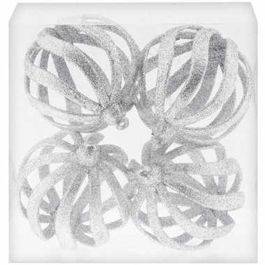4x draad kerstballen zilver met glitter 8 cm van kunststof/plastic