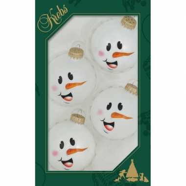 4x glazen witte glitter kerstballen met sneeuwpop 7 cm