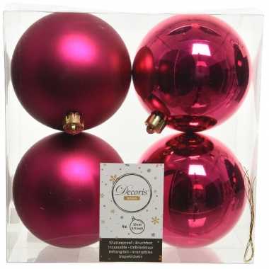 4x kunststof kerstballen glanzend/mat bessen roze 10 cm kerstboom versiering/decoratie