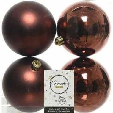 4x kunststof kerstballen glanzend/mat mahonie bruin 10 cm kerstboom versiering/decoratie