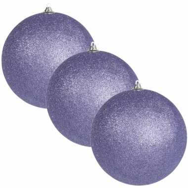 4x paarse grote kerstballen met glitter kunststof 13,5 cm