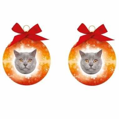 4x stuks kerstballen grijze kat/poes britse korthaar 8 cm