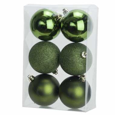 6x appelgroene kerstballen 8 cm kunststof mat/glans/glitter
