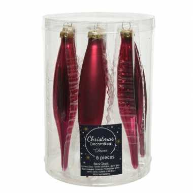 6x glazen pegels kerstballen glans/mat bessen roze 15 cm kerstboom versiering/decoratie