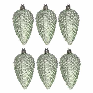 6x kunststof dennenappel kerstballen glitter kerst groen 8 cm kerstboom versiering/decoratie