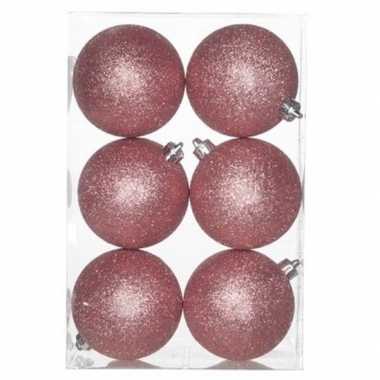 6x kunststof kerstballen glitter roze 8 cm kerstboom versiering/decoratie