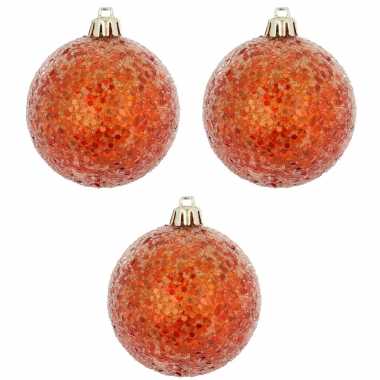 6x oranje kerstballen met glitters 8 cm