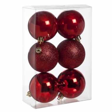 6x rode kerstballen 8 cm kunststof mat/glans/glitter