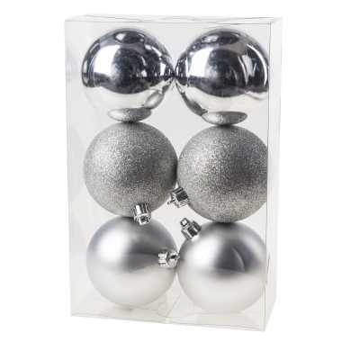 6x zilveren kerstballen 8 cm kunststof mat/glans/glitter