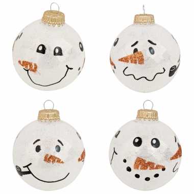 8x glazen witte glitter kerstballen met sneeuwpop 7 cm