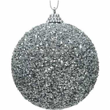 8x kerstballen zilveren glitters 8 cm met kralen kunststof kerstboom versiering/decoratie