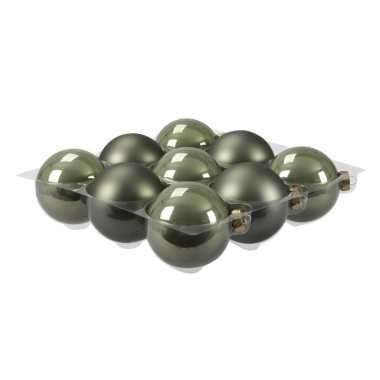 9x glazen kerstballen mat/glans graniet groen 10 cm