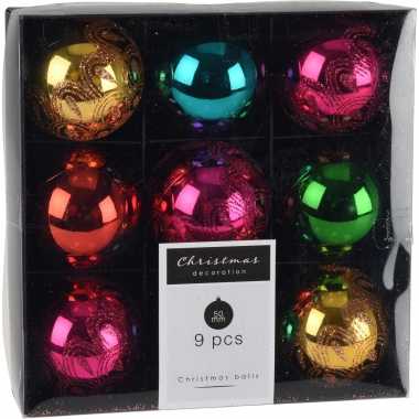 9x kerstboomversiering luxe kunststof kerstballen gekleurd 5 cm
