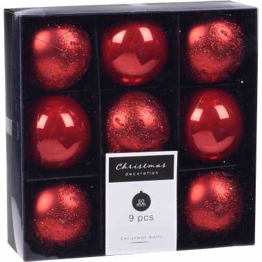 9x kerstboomversiering luxe kunststof kerstballen rood 5 cm