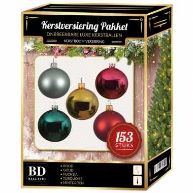 Complete kerstballen set gekleurd 153-delig goud, rood, roze, mint, turquoise