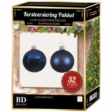Donkerblauwe kerstversiering kerstballen 32 delig 6 cm 8 cm 10 cm
