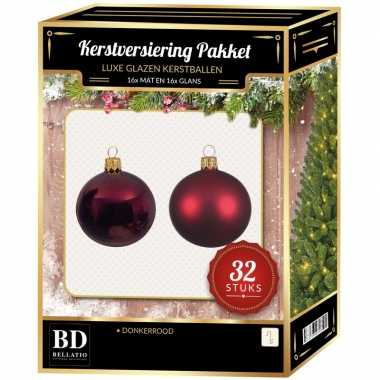 Donkerrode kerstversiering kerstballen 32-delig 6 cm / 8 cm / 10 cm