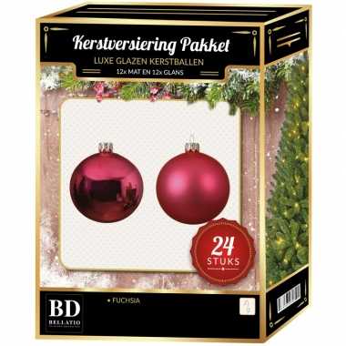 Fuchsia roze kerstversiering kerstballen 24-delig 6 en 8 cm